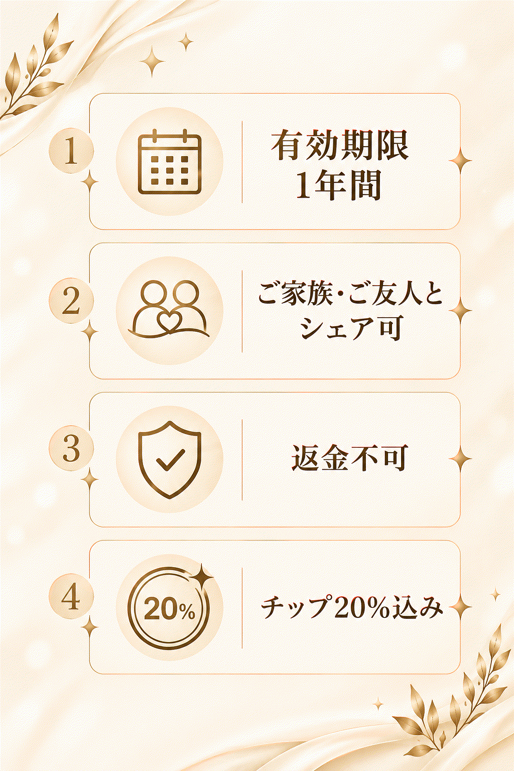 有効期限1年間、ご家族・ご友人とシェア可、返金不可、チップ20%込み
