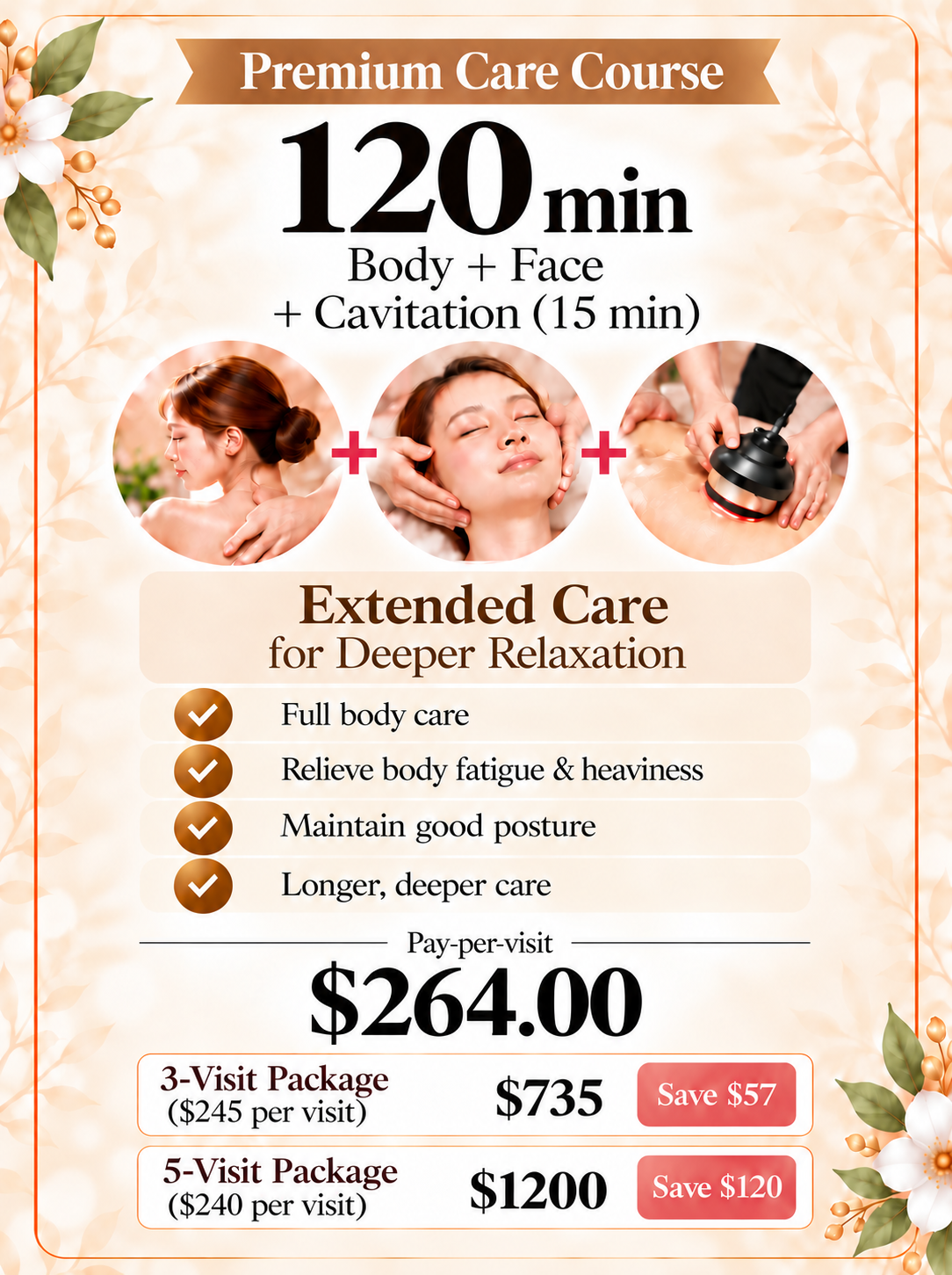 Premium Care Course 120 min plan (Body + Face + Cavitation 15 min)