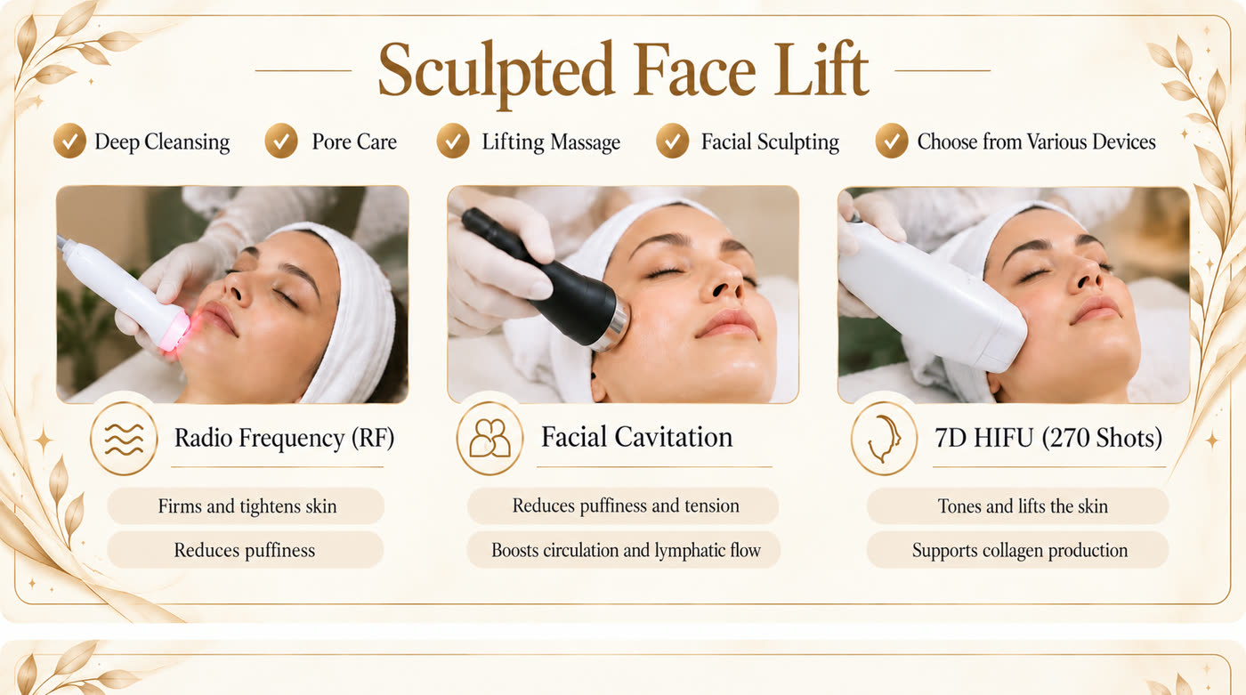 Sculpted Face Lift - Radio Frequency, Facial Cavitation, 7D HIFU